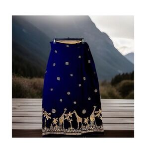 Vtg Navy &‎ Gold Safari Giraffe pattern women Sz L maxi wrap skirt made in USA